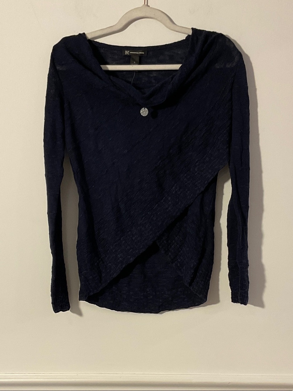 INC International Concepts Navy Off-Shoulder Asymmetrical Wrap Sweater